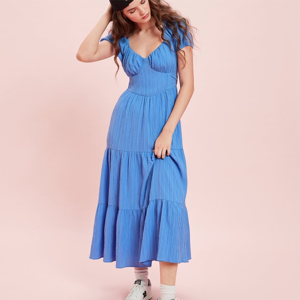 American Eagle Open Back Corset Midi Dress in Blue